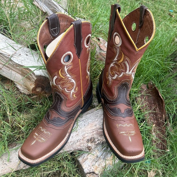 Mens Western 2 tone Brown Cowboy leather Boots w/square toeSz-30 (US 11.5) locBB - Picture 8 of 12